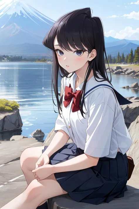 (masterpiece, best quality),  intricate details,
1girl,       <lora:komi_shouko-10:0.8> komi_shouko, school uniform, white shirt
japan, outdoors, rocks, mt fuji,