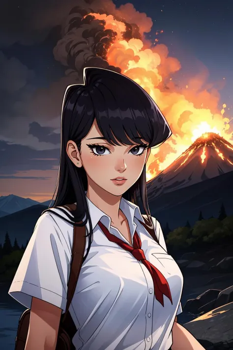 (masterpiece, best quality),  intricate details,
1girl,       <lora:komi_shouko-10:0.8> komi_shouko, school uniform, white shirt
volcano, fire, smoke, dark sky, smoke clouds,