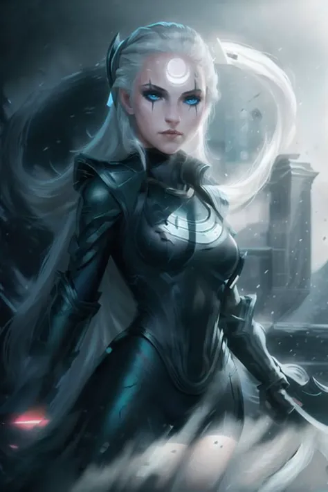 RAW photo, blackboard, 8k uhd, dslr, high quality, film grain, Fujifilm XT3, portrait photo of diana standing, diana, diana (league of legends), solo, facial mark, blue eyes, male focus, 1boy, forehead mark, armor, lips, portrait, crescent, looking at viewer, 1girl, white hair, <lora:diana:0.8>