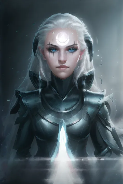 RAW photo, blackboard, 8k uhd, dslr, high quality, film grain, Fujifilm XT3, portrait photo of diana standing, diana, diana (league of legends), solo, facial mark, blue eyes, male focus, 1boy, forehead mark, armor, lips, portrait, crescent, looking at viewer, 1girl, white hair, <lora:diana:0.8>