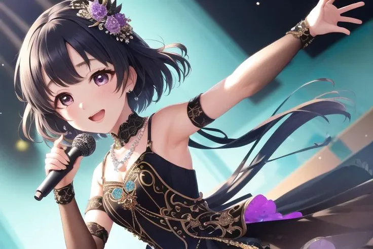 8k, (ultra-detailed eyes:1.1), ultra-detailed, extremely detailed CG, (masterpiece:1.1), (best quality:1.4), extremely detailed CG, (post processing:1.4), (extremety fine and beautiful:1.4), shiragiku hotaru, arm up, armpits, cute girl, young girl, 1girl, black hair, looking at viewer, short hair, violet eyes, smile, sweating, blurry background, idol, microphone, necklace, open mouth, pearl (gemstone), reaching towards viewer, stage, idol clothes, portrait, black clothes,
intricate detailed (iris, eyes),
detailed(hair, beautiful finely eyes, skin, cloth texture),CGI art, <lora:shiragiku hotaru2-000004:0.8>