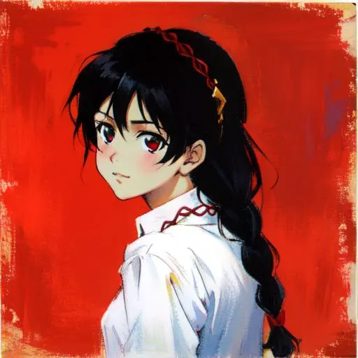anime, all red background,girl in center, 1girl, album cover, paint, oleo, oleo paint, album cover, girl back watching behind, white formal shirt, collar wing, Fechin oil painting, painting, medium shot, 
<lora:YunYunV2:1>, Yewnyewn, bangs, braid, crown_braid, hair_bow, red_eyes, black hair,