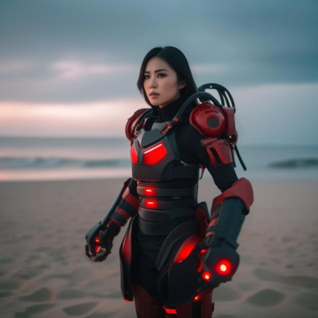 cinematic photo  a full body asian woman wears a red and black futuristic light armor, beach background <lora:Exosuit1024:0.9> . 35mm photograph, film, bokeh, professional, 4k, highly detailed