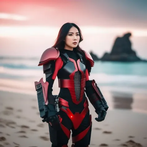 cinematic photo  a full body asian woman wears a red and black futuristic light armor, beach background <lora:Exosuit1024:0.7> . 35mm photograph, film, bokeh, professional, 4k, highly detailed