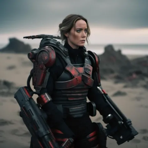 Dystopian style cinematic photo  a full  Emily Blunt wears a black and red futuristic light armor,  beach background <lora:Exosuit1024:0.9> . 35mm photograph, film, bokeh, professional, 4k, highly detailed . Bleak, post-apocalyptic, somber, dramatic, highly detailed