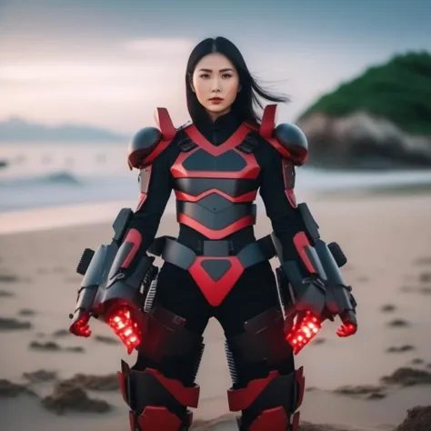 cinematic photo  a full body asian woman wears a red and black futuristic light armor, beach background <lora:Exosuit1024:0.9> . 35mm photograph, film, bokeh, professional, 4k, highly detailed