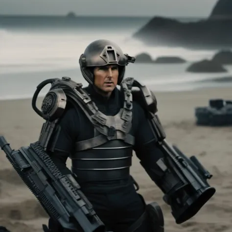 Dystopian style cinematic photo  of tom cruise wears a black futuristic light armor,  helmet, beach background <lora:Exosuit1024:0.9> . 35mm photograph, film, bokeh, professional, 4k, highly detailed . Bleak, post-apocalyptic, somber, dramatic, highly detailed