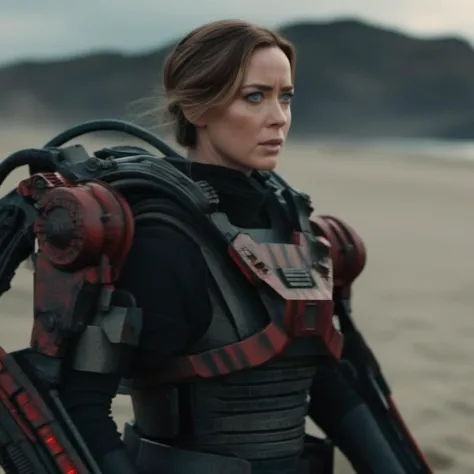 Dystopian style cinematic photo  a full  Emily Blunt wears a black and red futuristic light armor,  beach background <lora:Exosuit1024:0.9> . 35mm photograph, film, bokeh, professional, 4k, highly detailed . Bleak, post-apocalyptic, somber, dramatic, highly detailed