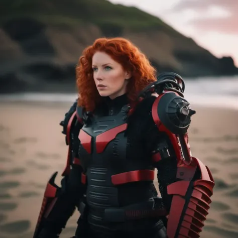 cinematic photo  a full body curly redhead woman wears a red and black futuristic light armor, beach background <lora:Exosuit1024:0.9> . 35mm photograph, film, bokeh, professional, 4k, highly detailed