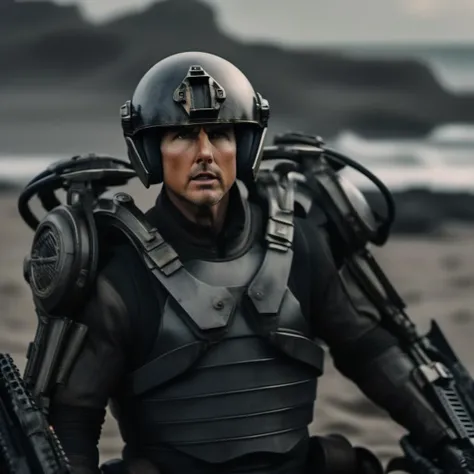 Dystopian style cinematic photo  of tom cruise wears a black futuristic light armor,  helmet, beach background <lora:Exosuit1024:0.9> . 35mm photograph, film, bokeh, professional, 4k, highly detailed . Bleak, post-apocalyptic, somber, dramatic, highly detailed