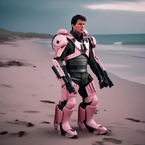 Dystopian style cinematic photo  full body  tom cruise wears a pink futuristic light armor,  helmet, beach background <lora:Exosuit1024:0.8> . 35mm photograph, film, bokeh, professional, 4k, highly detailed . Bleak, post-apocalyptic, somber, dramatic, highly detailed