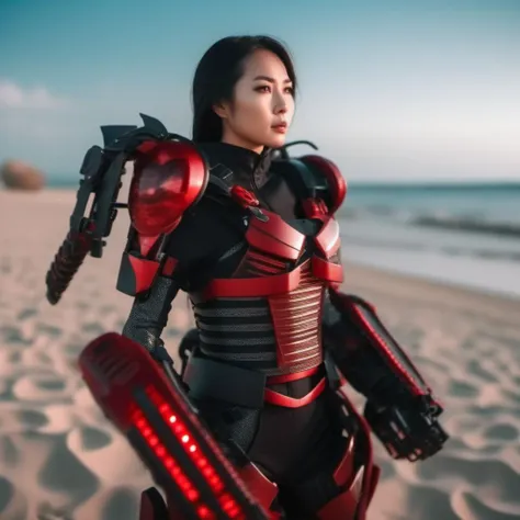 cinematic photo  a full body asian woman wears a red and black futuristic light armor, beach background <lora:Exosuit1024:0.9> . 35mm photograph, film, bokeh, professional, 4k, highly detailed