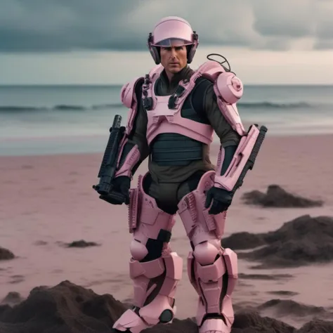 Dystopian style cinematic photo  full body  tom cruise wears a pink futuristic light armor,  helmet, beach background <lora:Exosuit1024:0.8> . 35mm photograph, film, bokeh, professional, 4k, highly detailed . Bleak, post-apocalyptic, somber, dramatic, highly detailed