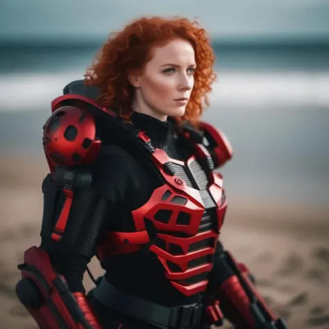 cinematic photo  a full body curly redhead woman wears a red and black futuristic light armor, beach background <lora:Exosuit1024:0.9> . 35mm photograph, film, bokeh, professional, 4k, highly detailed