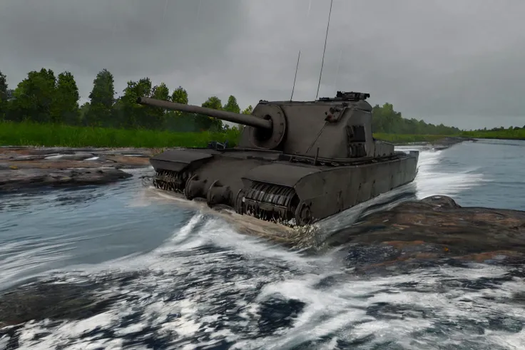 masterpiece, best quality, <lora:Tortoise_Tank:0.8> tortoise tank, river, partially submerged, sinking, rain, rapids, dreary, sad, grey sky