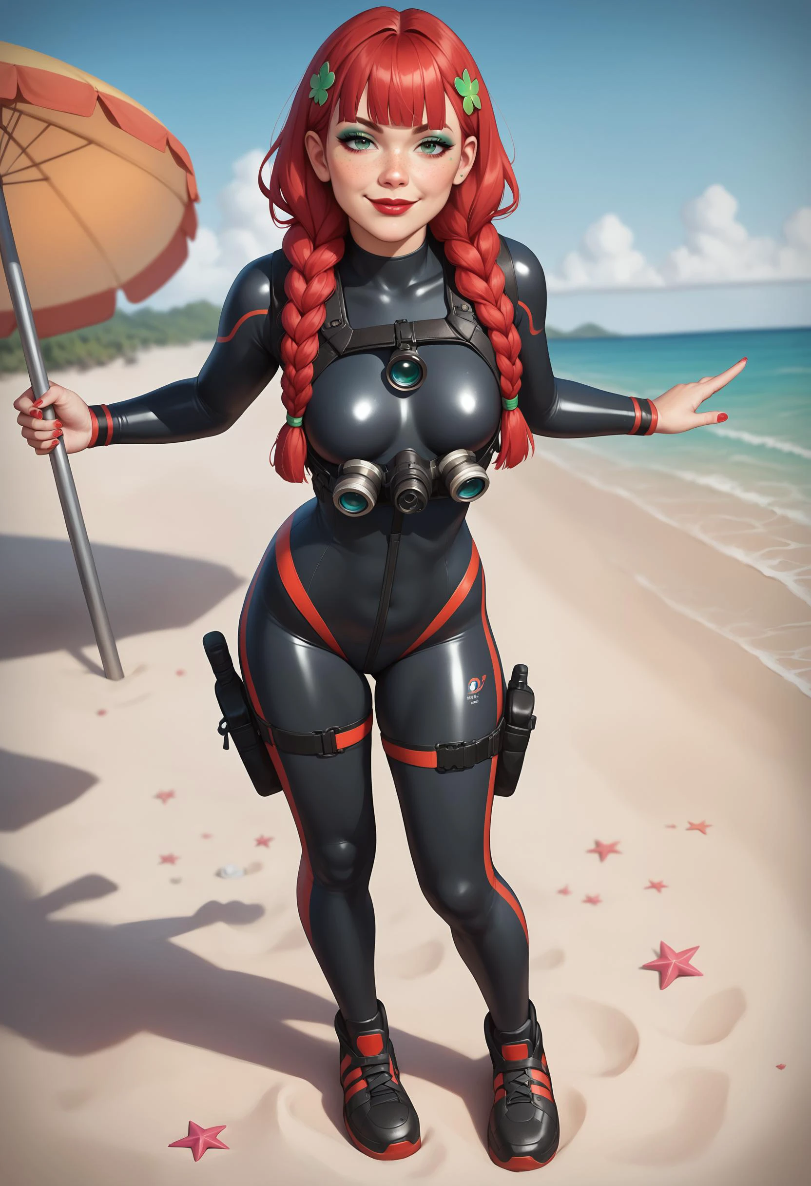 score_9, score_8_up, score_7_up, score_6_up, score_5_up, score_4_up +, 1girl, solo, long hair, braids, looking at viewer, smug, hair ornament, on the beach, full body shot, jewelry, red hair, closed mouth, blunt bangs, green smokey makeup,((green eyes)), freckles, red nails, red lips, scuba gear, diving gear, ((black wetsuit)), (masterpiece:1.2),(best quality:1.2),