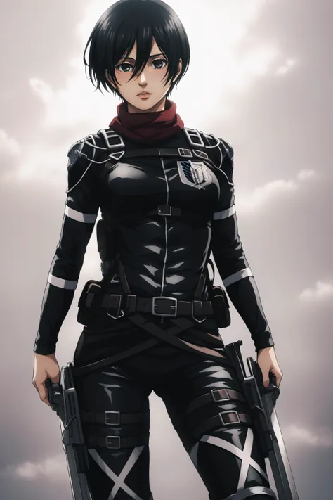 score_9, score_8_up, score_7_up, BREAK source_anime, <lora:adult mikasa ackerman-PonyXL-lora-faxtron:0.8> adult mikasa ackerman, black eyes, black hair, short hair, medium breasts, military uniform, armor, belt, thigh strap,