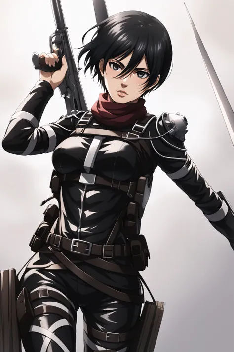 score_9, score_8_up, score_7_up, BREAK source_anime, <lora:adult mikasa ackerman-PonyXL-lora-faxtron:0.8> adult mikasa ackerman, black eyes, black hair, short hair, medium breasts, military uniform, armor, belt, thigh strap,