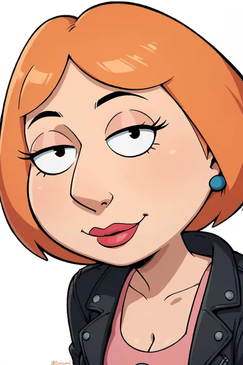 <lora:LoisGriffin_PonyXL:0.8>(score_9, score_8_up), score_7_up, score_6_up, close up, portrait,1girl, solo, woman, loisgriffin, orange hair, black leather jacket, pink tanktop, flat, source_cartoon, toon style