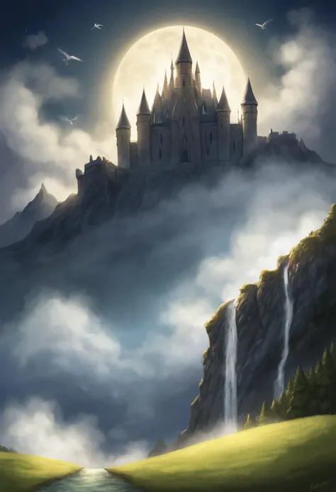 On a rugged cliffside overlooking a vast, tumultuous ocean, a grand castle stands ominously under a dark, stormy sky. The full moon struggles to pierce through the thick, swirling clouds, casting eerie, fragmented beams of light over the scene. Shadows envelop the castle's towering spires and stone walls, giving it a foreboding and mysterious aura. A large banner adorned with a regal emblem flies from the highest tower, fluttering violently in the fierce night breeze. Below, the relentless waves crash against the rocky base of the cliff, sending sprays of saltwater into the air. Seagulls, barely visible against the darkened sky, circle and cry out, adding to the wild, untamed atmosphere of the stormy night, romantic impressionism, dream scenery art, beautiful oil matte painting, romantic, beautiful digital painting, anime landscape, romantic painting, dreamlike digital painting, colorful painting, thick brushstrokes characteristic, rough stroke, beautiful gorgeous digital art, style of greg rutkowski, thomas kinkade, janek sedlar, jenny saville