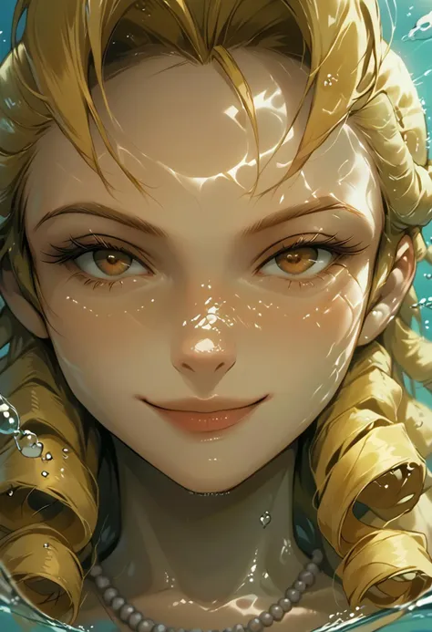 score_9, score_8_up, score_7_up, narrowed eyes, 
sfkarin, blonde hair, drill hair, pearl necklace, looking at viewer, smile, shiny skin, source anime, nature, absurdres, close-up, under the water, underwater, under water, dramatic lighting, eyelashes, lips, collarbone, pearl necklace, large breasts,  (glowing brown eyes), smile, happy, backlighting, solo, upper body,