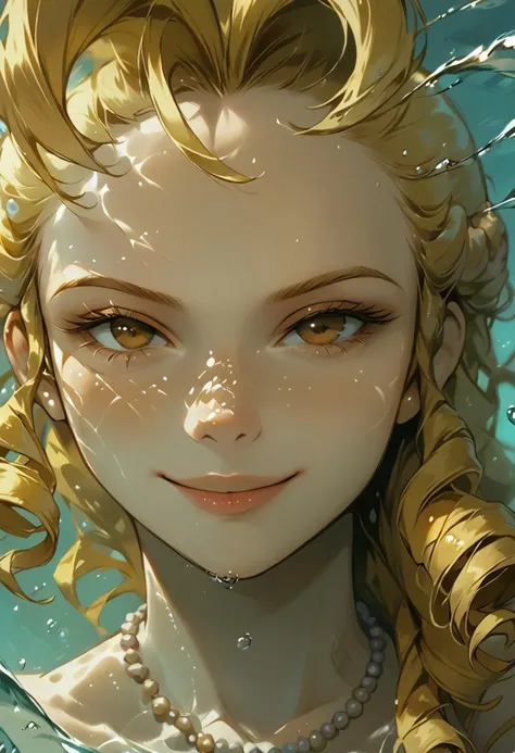 score_9, score_8_up, score_7_up, narrowed eyes, 
sfkarin, blonde hair, drill hair, pearl necklace, looking at viewer, smile, shiny skin, source anime, nature, absurdres, close-up, under the water, underwater, under water, dramatic lighting, eyelashes, lips, collarbone, pearl necklace, large breasts,  (glowing brown eyes), smile, happy, backlighting, solo, upper body, (shoulders)