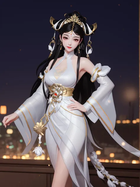 WZRY Bridge BS, 1 Girl, Black Hair, Solitary, long hair, ,(((Large Breasts)))Breast sagging、Low-cut(((Cleavage )))、(((Wide hips,)))(((Hourglass figure)))((Long legs)),White Dress, Separate sleeves, Hair accessories, Jewelry, earrings, looking at the audience, Forehead Mark,Ribbon,  city View, night, Become a, Hands on Hips, A faint smile,