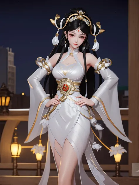 WZRYdaqiaoBS, 1girl, black hair, solo, long hair, white dress, detached sleeves, hair ornament, jewelry, earrings, looking at viewer, forehead mark,ribbon,  <lora:WZRYdaqiaoBS:0.75>,cityscape, night, mature female, hand on hip, light smile,