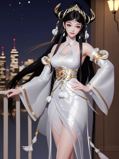 WZRYdaqiaoBS, 1girl, black hair, solo, long hair, white dress, detached sleeves, hair ornament, jewelry, earrings, looking at viewer, forehead mark,ribbon,  <lora:WZRYdaqiaoBS:0.75>,cityscape, night, mature female, hand on hip, light smile,