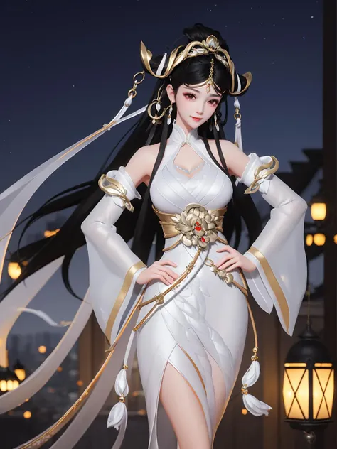 First place girl，Wearing a white skinny cheongsam，Bare shoulders，3D Chinese comic style works，Fairy fantasy