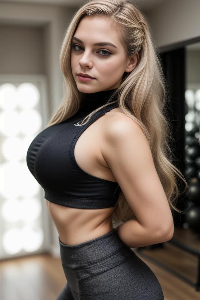 headshot, 1girl, beautiful, in a ((gym)), BREAK
tight yoga pants, lace turtleneck sports bra, BREAK
makeup, straight blonde hair, pale skin, fair skin, white skin, BREAK
<lyco:GoodHands-beta2:1.0> , <lora:PerfectFullBreasts-fCV3.5:1.0>, <lora:more_details:0.8> <lora:Bailey:1>
