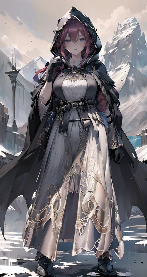 raw photo,8k hdr,masterpiece,best quality,photorealistic,HDR,high quality,high-definition,extremely detailed,daitime,1girl in (long robe,intricate black wizard robe:1.5),(short red hair:1.3),lucent blue eyes,(belt, glove,hand guard,hood:1.5),purple clothing pattern,<lora:PerfectFullBreasts-fCV3.5:0.3>,breasts,shoulder armor,cuisses,boots,breath taking (mountain landscape in background:1.5),<lora:delicate_armor_V2:0.8>