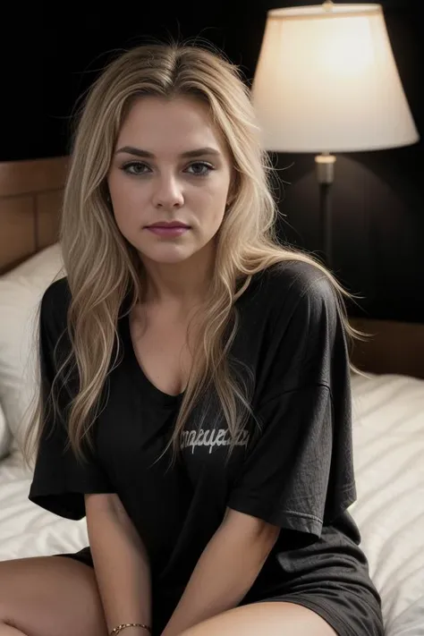 woman wearing a ((oversized t-shirt:1.2)), ((messy hair, bedhead)), long blonde hair, hyper realistic, 4k, medium breasts, masterpiece, beautiful, facing the viewer, headshot, cleavage, pale skin, fair skin, ((nasolabial folds)), skin colored lipstick, DSLR RAW PHOTO, 8K, POV, canon 5d, 85mm, ((bedroom, early morning, sitting on a bed, dim lights, black background)), smirk, sexy pose, AS-Adult, BREAK
from below, BREAK
<lora:Bailey:1> <lora:more_details:0.5> <lyco:GoodHands-beta2:1.0> , <lora:PerfectFullBreasts-fCV3.5:1.0>,