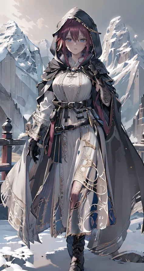 raw photo,8k hdr,masterpiece,best quality,photorealistic,HDR,high quality,high-definition,extremely detailed,daitime,1girl in (long robe,intricate black wizard robe:1.5),(short red hair:1.3),lucent blue eyes,(belt, glove,hand guard,hood:1.5),purple clothing pattern,<lora:PerfectFullBreasts-fCV3.5:0.3>,breasts,shoulder armor,cuisses,boots,breath taking (mountain landscape in background:1.5),<lora:delicate_armor_V2:0.8>