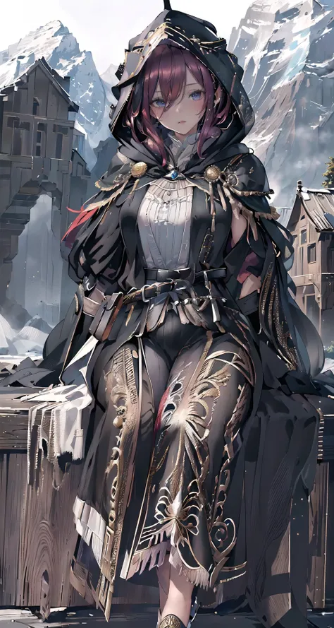 raw photo,8k hdr,masterpiece,best quality,photorealistic,HDR,high quality,high-definition,extremely detailed,daitime,1girl in (long robe,intricate black wizard robe:1.5),(short red hair:1.3),lucent blue eyes,(belt, glove,hand guard,hood:1.5),purple clothing pattern,<lora:PerfectFullBreasts-fCV3.5:0.3>,breasts,shoulder armor,cuisses,boots,breath taking (mountain landscape in background:1.5),<lora:delicate_armor_V2:0.8>