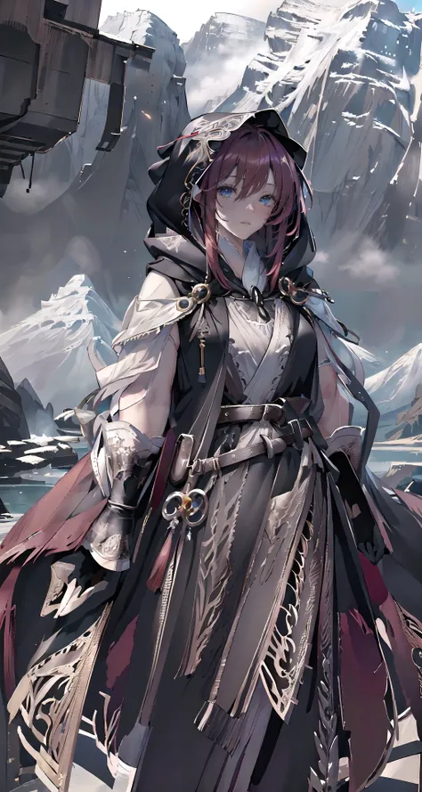 raw photo,8k hdr,masterpiece,best quality,photorealistic,HDR,high quality,high-definition,extremely detailed,daitime,1girl in (long robe,intricate black wizard robe:1.5),(short red hair:1.3),lucent blue eyes,(belt, glove,hand guard,hood:1.5),purple clothing pattern,<lora:PerfectFullBreasts-fCV3.5:0.3>,breasts,shoulder armor,cuisses,boots,breath taking (mountain landscape in background:1.5),<lora:delicate_armor_V2:0.8>