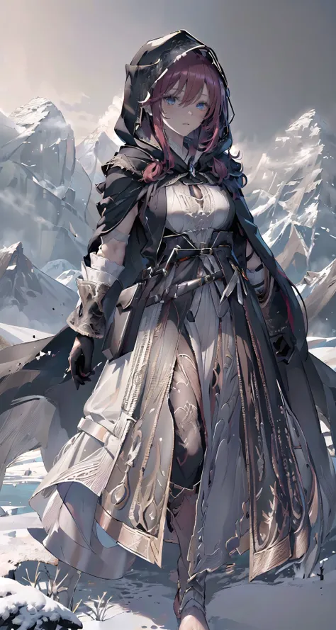 raw photo,8k hdr,masterpiece,best quality,photorealistic,HDR,high quality,high-definition,extremely detailed,daitime,1girl in (long robe,intricate black wizard robe:1.5),(short red hair:1.3),lucent blue eyes,(belt, glove,hand guard,hood:1.5),purple clothing pattern,<lora:PerfectFullBreasts-fCV3.5:0.3>,breasts,shoulder armor,cuisses,boots,breath taking (mountain landscape in background:1.5),<lora:delicate_armor_V2:0.8>