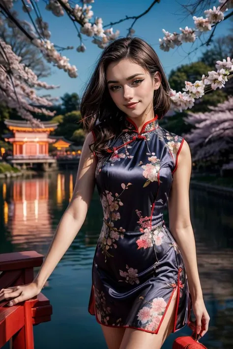 wearing a Cheongsam, colorful trim, shiny silk, floral design, looking at viewer, smirk, happy, medium shot, standing, outside, lake, night torii, high quality, masterpiece, (sakura trees, cherry blossom), (paper lanterns, lunar new year), better_oppai, <lora:PerfectFullBreasts-fCV3.5:1.0>, <lora:more_details:0.8>, <lora:GoodHands-beta2:0.8>, <lora:Shubble:0.8>