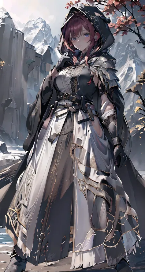 raw photo,8k hdr,masterpiece,best quality,photorealistic,HDR,high quality,high-definition,extremely detailed,daitime,1girl in (long robe,intricate black wizard robe:1.5),(short red hair:1.3),lucent blue eyes,(belt, glove,hand guard,hood:1.5),purple clothing pattern,<lora:PerfectFullBreasts-fCV3.5:0.3>,breasts,shoulder armor,cuisses,boots,breath taking (mountain landscape in background:1.5),<lora:delicate_armor_V2:0.8>