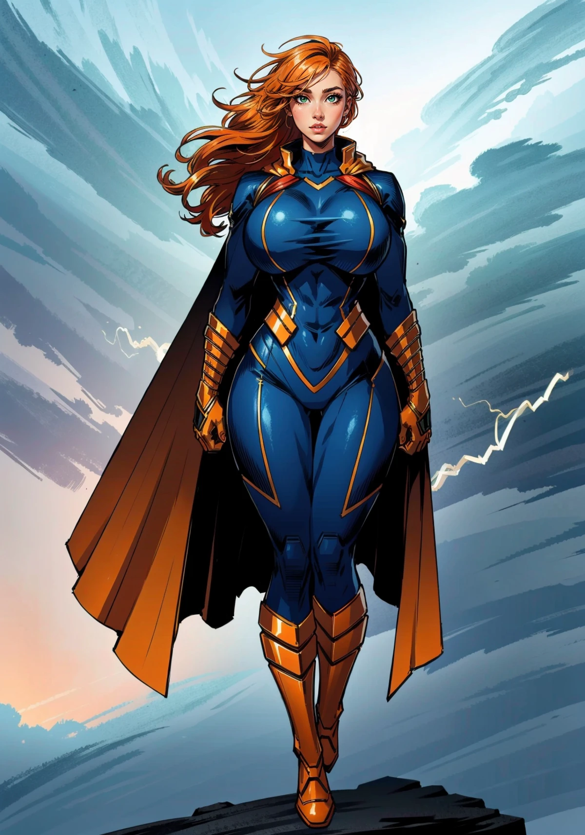 a female superhero in a red cape, beautiful face, (orange hair:1.2), standing on a rock, lightning storm in the background, red cape on her back, (huge breasts:1.2), Artgerm, storm, a comic book panel, shock art, lightning all around around, superhero suit, <lora:Superhero_suit-000007:.7> blue white and red superhero suit, concept art, character design, concept art, detailed face, Intricate, High Detail, Sharp focus, dramatic, (full body shot:1.2), huge breasts, wide hips, <lora:PerfectFullBreasts-fCV3:0.5> slim waist, <lora:b1mb0_v3:0.5> b1mb0, solo