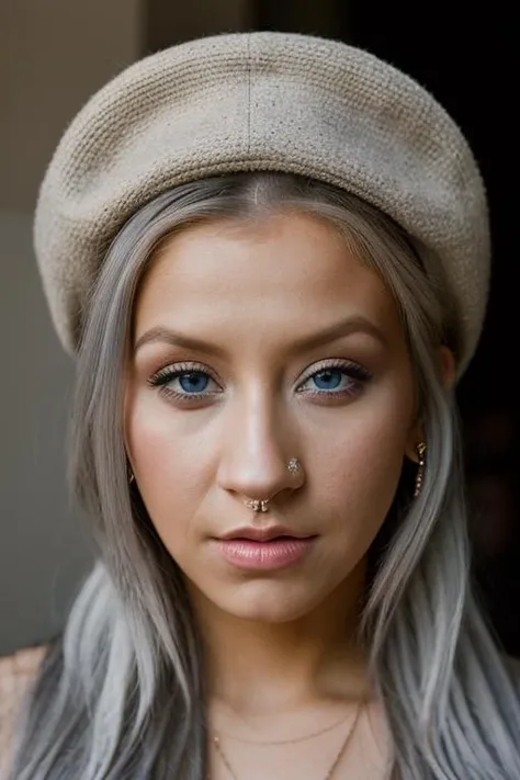 <lora:cr1st1n4:1>, Realistic portrait photo of a beautiful cr1st1n4 woman, 1girl, solo, long hair, looking at viewer, smile, blonde hair, red hat, lips, grey eyes, makeup, piercing, nose piercing, lip piercing, soft lighting, professional Photography, Photorealistic, detailed, RAW, analog, sharp focus, 8k, HD, DSLR, high quality, Fujifilm XT3, film grain, award winning, masterpiece