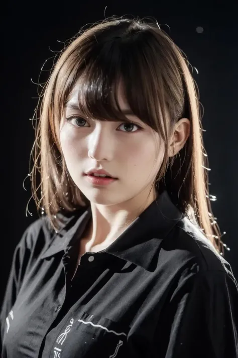 20 years old woman, (photorealistic:1.4, realistic), highly detailed CG unified 8K wallpapers, 1girl, (((thick body:0.8))), looking at viewer, (HQ skin:1.4), 8k uhd, dslr, soft lighting, high quality, film grain, Fujifilm XT3, ((upper body shot:1.2)), (((black silk collared shirt))), ((simple background, black background)),   <lora:hazelkimochi-V1:0.7>