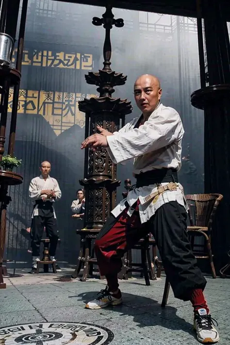 1 male,bald head,full body ,fight, Shaolin Temple,(detailed pupils:1.1),best quality, masterpiece, 4K,photo \(medium\), Martial arts movements,sunny day, <lora:yuhai:0.8>