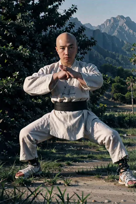 1 male,bald head,full body ,fight, Shaolin Temple,(detailed pupils:1.1),best quality, masterpiece, 4K,photo \(medium\), Martial arts movements,sunny day,   <lora:yuhai:0.8>