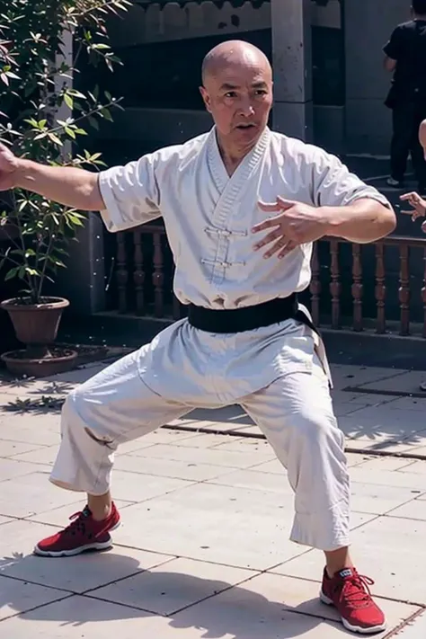 1 male,old men,bald head,full body ,fight, Shaolin Temple,(detailed pupils:1.1),best quality, masterpiece, 4K,photo \(medium\), Martial arts movements,sunny day,   <lora:yuhai:0.8>