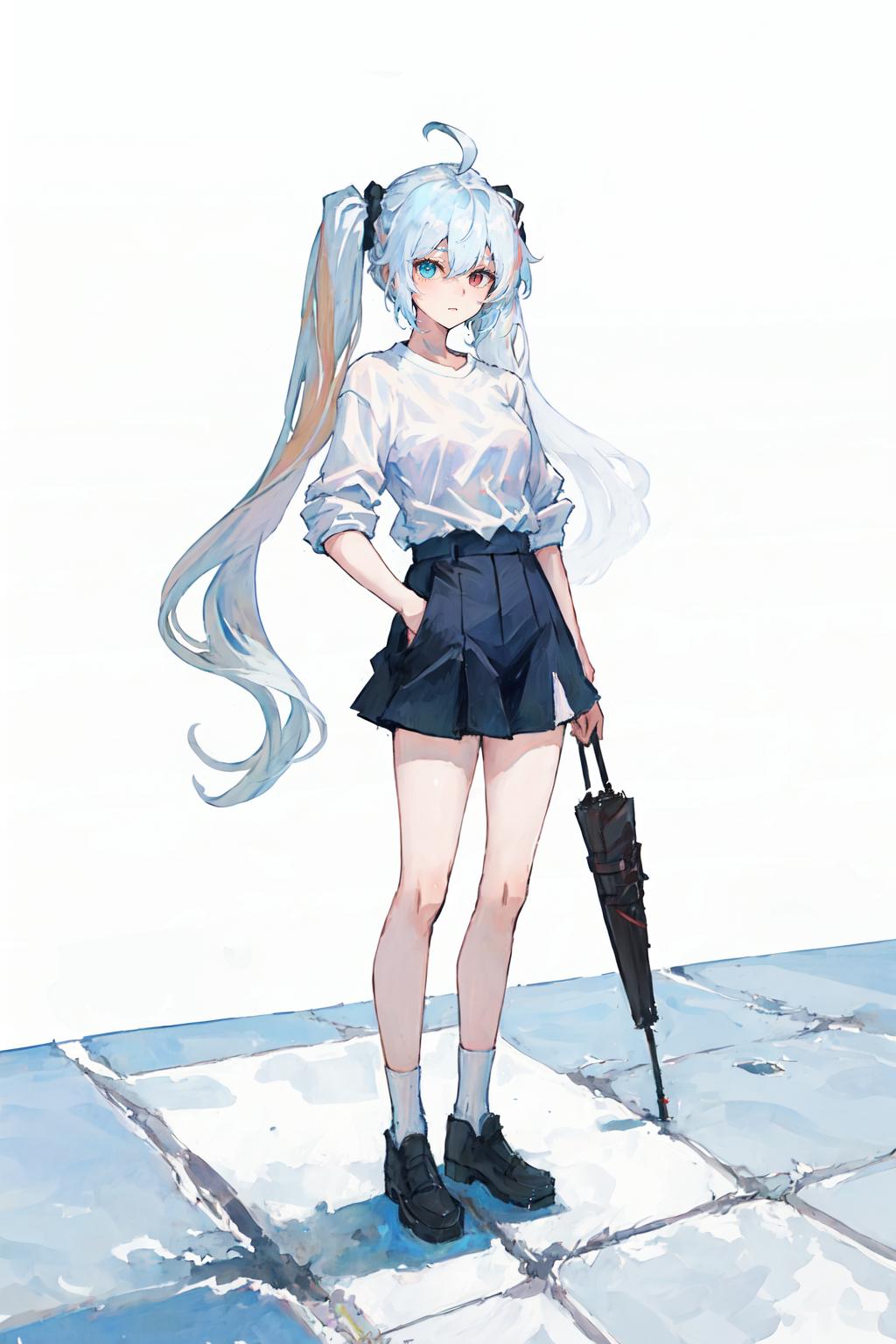 Anime girl with long white hair and a black umbrella - SeaArt AI