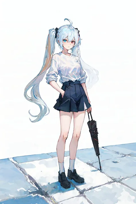 (best quality, masterpiece), 1girl, (female focus), ahoge, white blue hair, ((white shirt), (overfit shrit)), long hair, standing, twintails, [[mild heterochromia]], white background