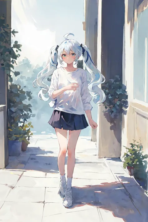 (best quality, masterpiece), 1girl, (female focus), ahoge, white blue hair, ((white shirt), (overfit shrit)), long hair, standing, twintails, [[mild heterochromia]], white background