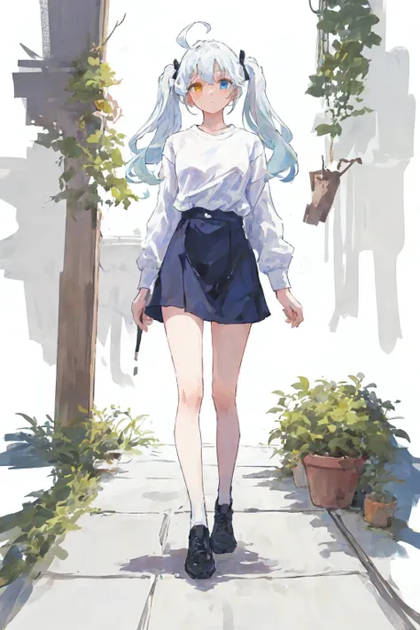 (best quality, masterpiece), 1girl, (female focus), ahoge, white blue hair, ((white shirt), (overfit shrit)), long hair, standing, twintails, [[mild heterochromia]], white background