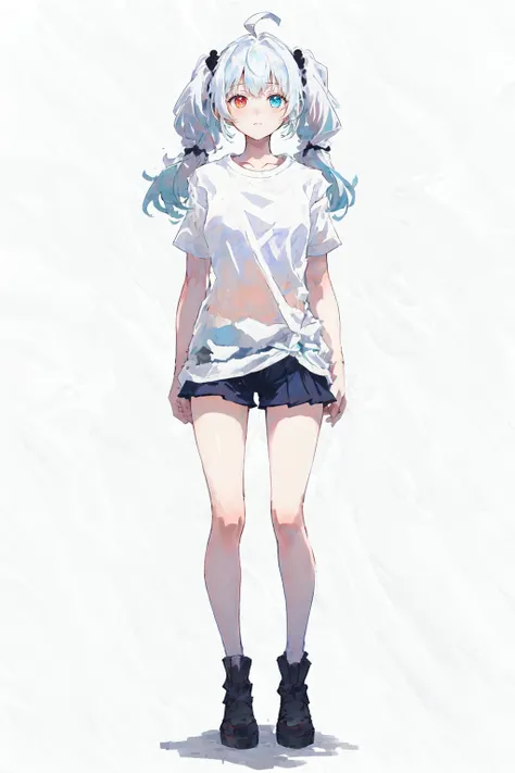 (best quality, masterpiece), 1girl, (female focus), ahoge, white blue hair, ((white shirt), (overfit shrit)), long hair, standing, twintails, [[mild heterochromia]], white background